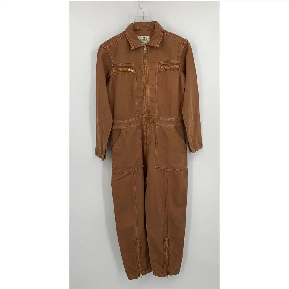 Sandrine Rose cotton linen jumpsuit zipper burnt brown coverall tan new X-Small